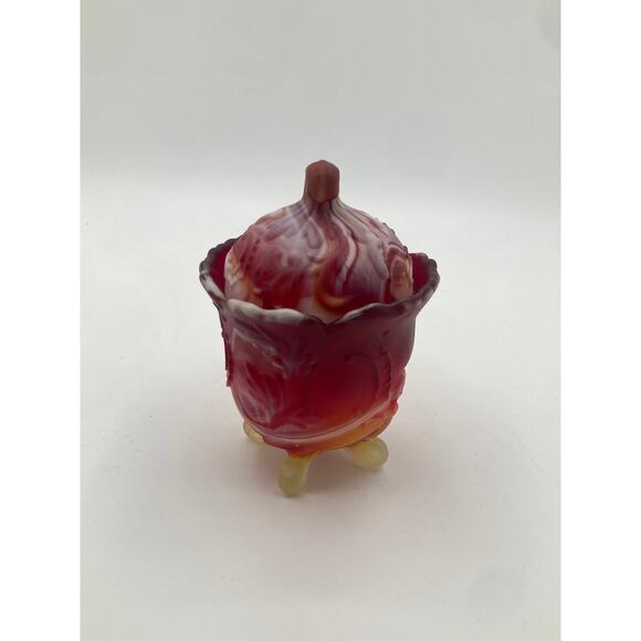 Vintage Red & White Slag Glass Covered Dish Candy Jar on Tripod Feet - Picture 2 of 10